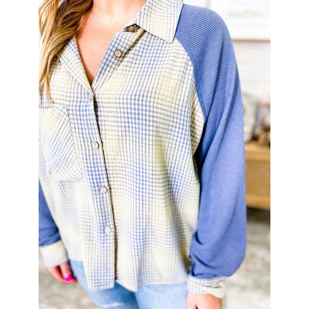 Oli & Hali NEW Women's Plaid Button Down Shirt Blue Lagenlook Long Sleeve-Size S